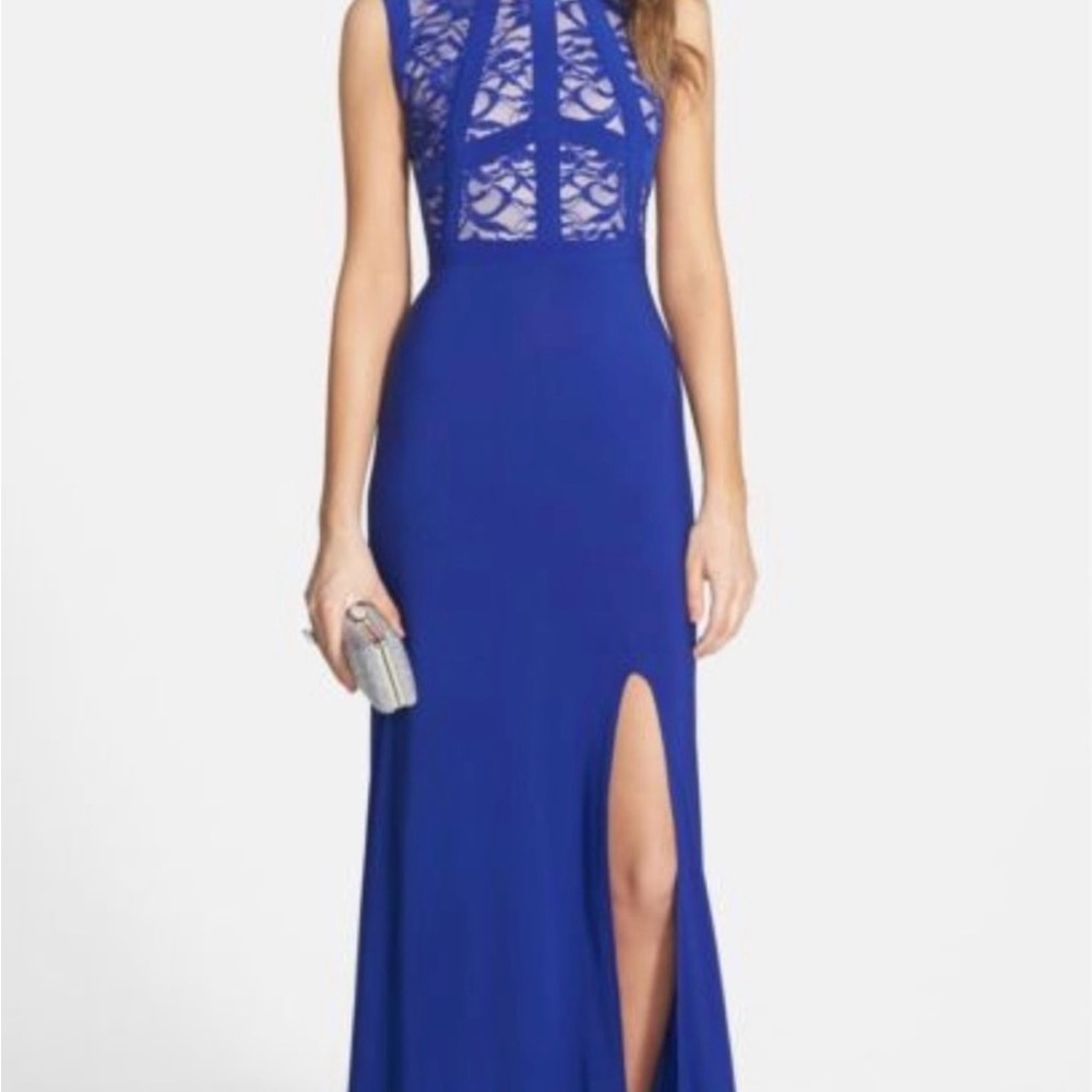 Morgan & Co. Bright Blue Lace Long Prom Party Dress Formal Homecoming Size 1/2